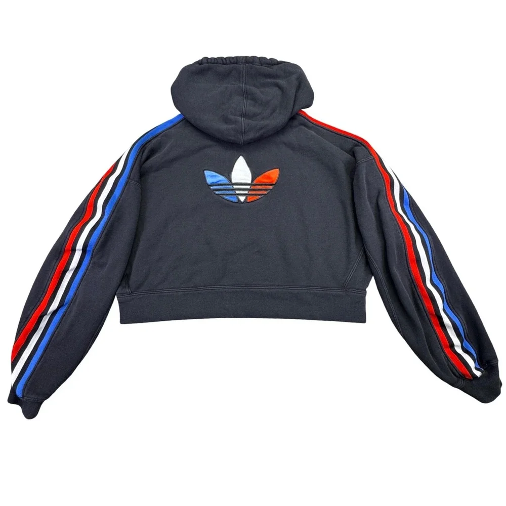 Adidas Hoodie Women's Small Cropped Velvet Logo Red White Blue Black USA - Picture 2 of 11